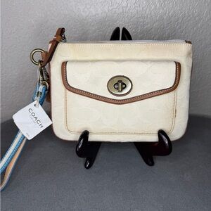 Coach Signature Canvas Wristlet Cream Beige Leather Trim NWT Read